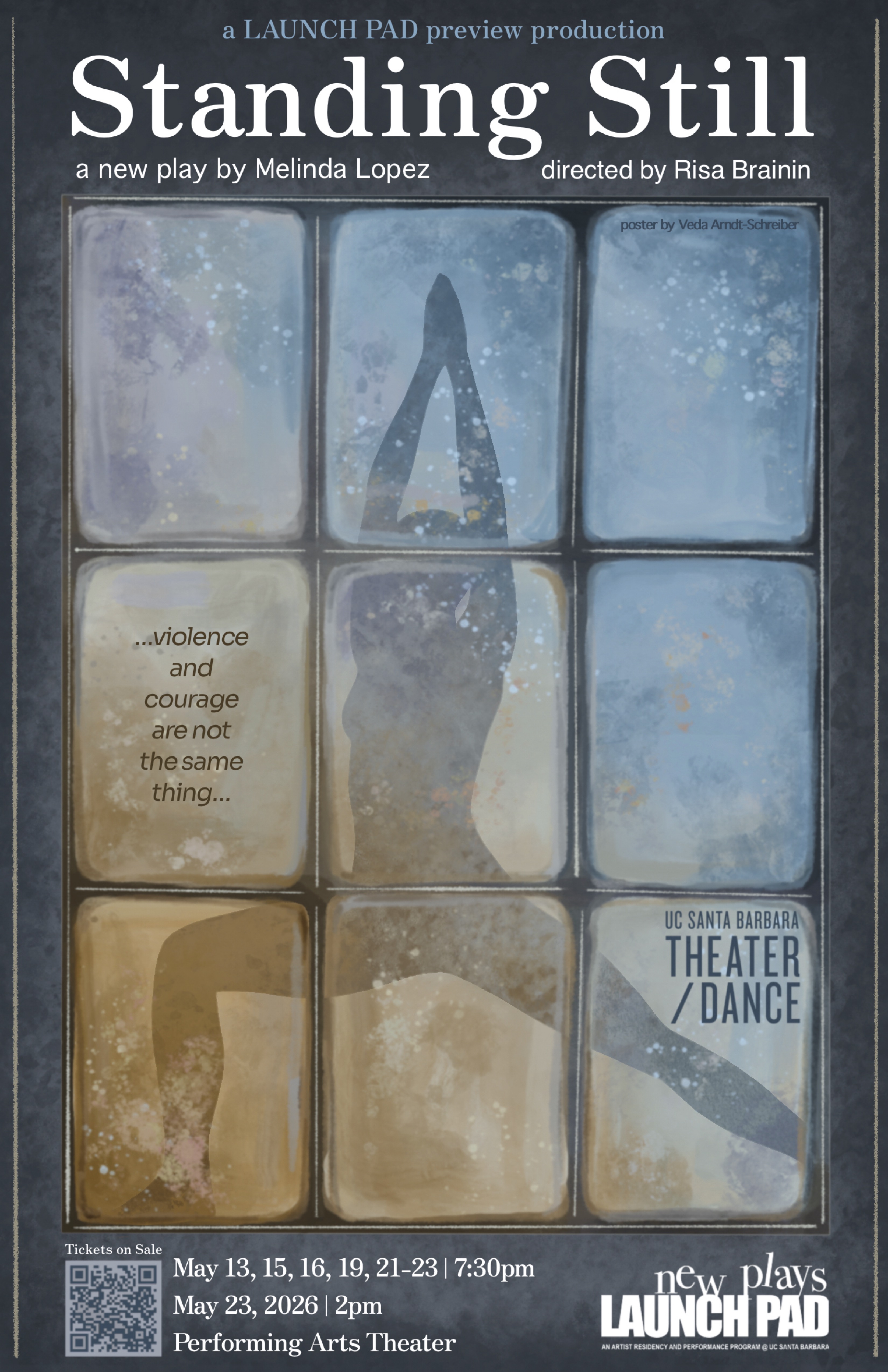 watercolor silhouette of person in yoga pose through glass window with title of Standing Still