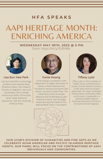 AAPI Heritage Month Enriching America poster with three images of people