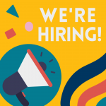 Yellow graphic image of megaphone with text "We're Hiring!"